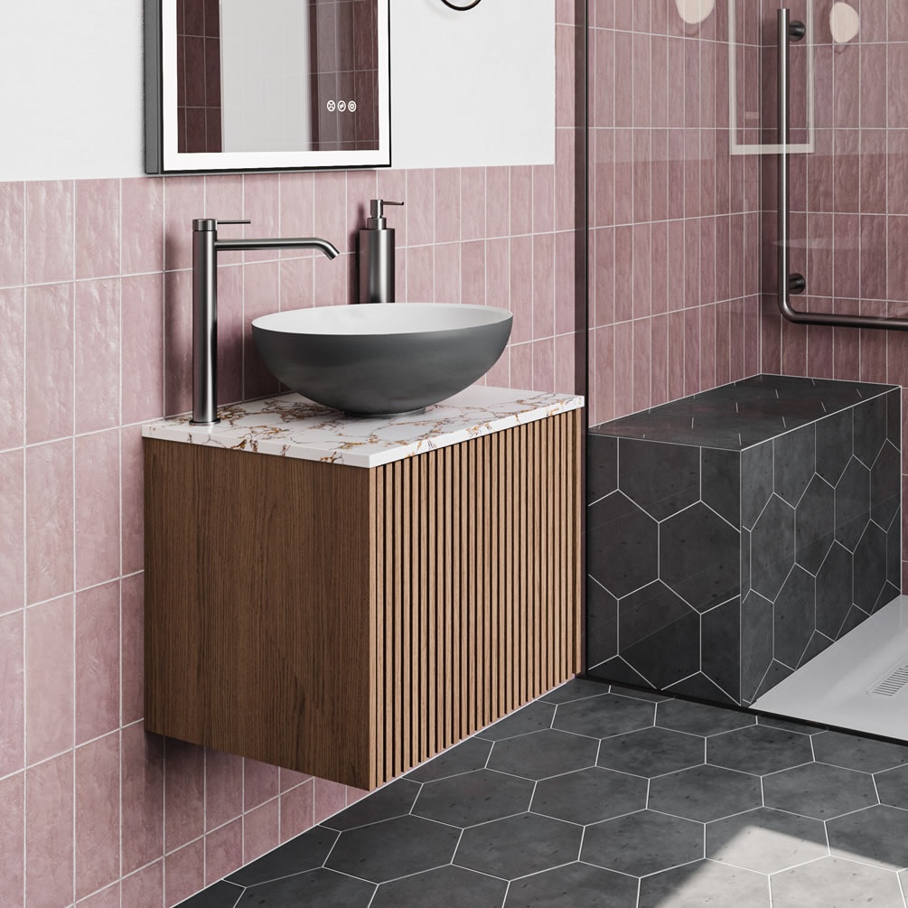 Crosswater Limit Royal Walnut 600mm Wall Hung Vanity Unit & Estatuario Worktop - Lifestyle